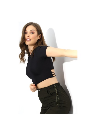 Winmoda34 Kadın Siyah Sırt Dekolteli Crop/krop Beli Lastik Dertaylı Bluz Siyah