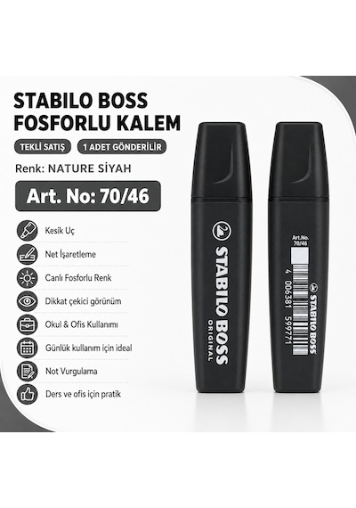 Boss Fosforlu Kalem 1 Adet Metin İşaretleme Kalemi Siyah