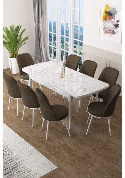 Canisa Concept Zen Serisi 80x132 Mdf Açılabilir Beyaz Mermer Desen Masa Takımı Ve 8 Kahverengi Sandalye Masa Beyaz/sandalye Kahverengi Canisa Concept Zen Serisi 80x132 Mdf Açılabilir Beyaz Mermer Desen Masa Takımı Ve 8 Kahverengi Sandalye Masa Beyaz/sandalye Kahverengi