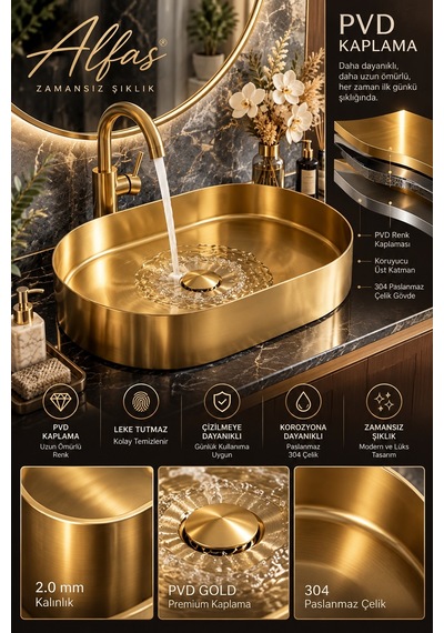 Alfas Aura Oval 60x40cm Pvd Gold Tezgah Üstü Çanak Lavabo 304 Paslanmaz Çelik 2.0mm