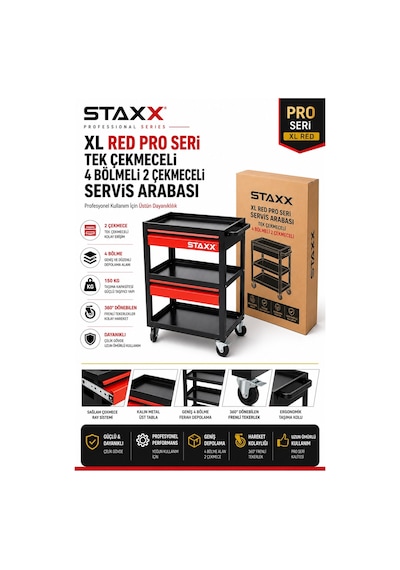 Staxx Xl Red Pro Seri 2 Çekmeceli 4 Bölmeli Profesyonel Alet Servis Arabası Takım Tezgah Arabası