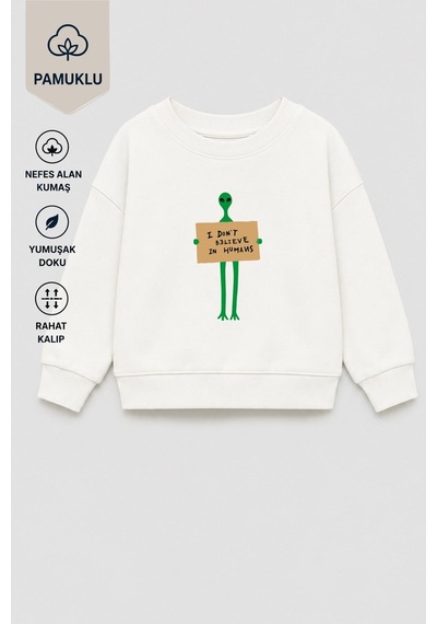 Monila Erkek Çocuk 3 İplik Kumaş Uzaylı Baskılı Pamuklu Sweatshirt Ekru
