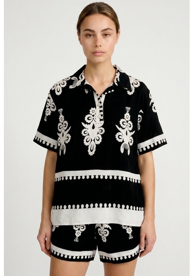 Sementa Desenli Viskon Şortlu Takım - Siyah