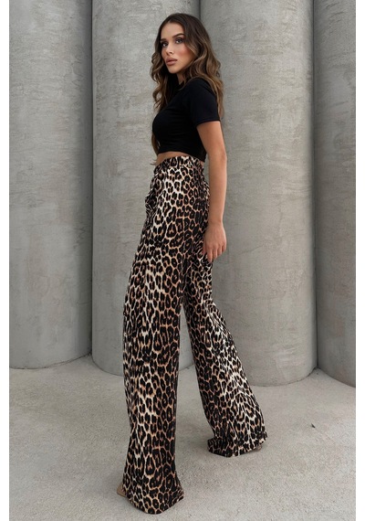 Lesa Wear Leopar Desenli Yumuşacık Yüksel Bel Geniş Paça Likralı Jarse Pantolon Flared Leopar