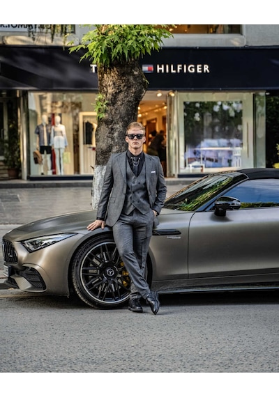 Beystil Sivri Yaka Gri Takım Elbise Bezayak - Slim Fit Gri