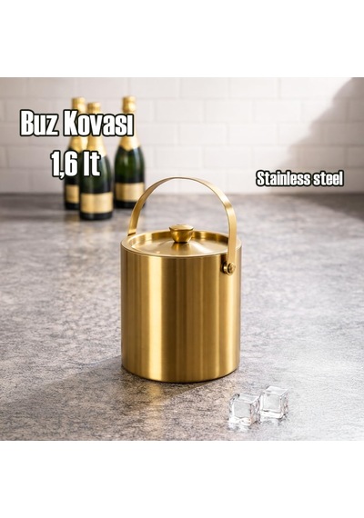 Lfs-1,6 Termoslu Çift Cidarlı İki Katmanlı Paslanmaz Çelik 1,6lt Buz Kovası Kapaklı Buzluk Gold Çok Renkli
