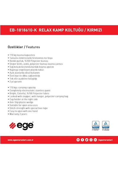 Ege Çantalı Katlanabilir Kamp Koltuğu 4"lü Kırmızı Rejisör Sandalyesi Kırmızı