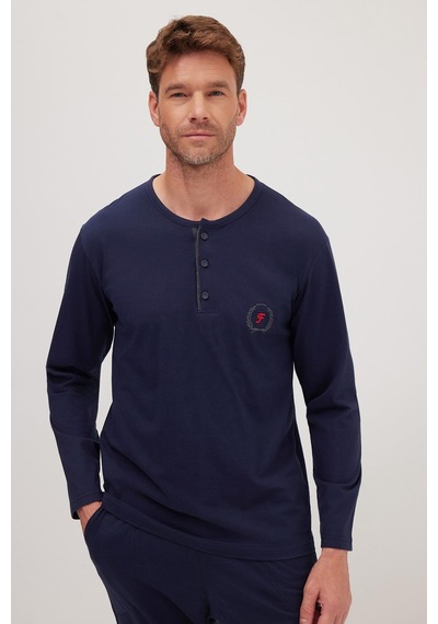 Tudors Erkek Standart Fit %100 Pamuk Bisiklet Yaka Beli Lastikli Lacivert Pijama Takımı-37948 Lacivert