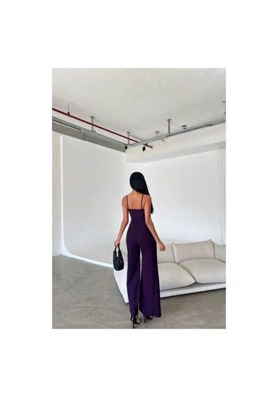 DefyModa Kadın Krep Kumaş Yırtmaçlı Askılı Tulum Mor