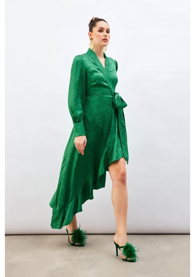 Sateen Jakarlı Asimetrik Elbise - Yeşil-132602 Yeşil