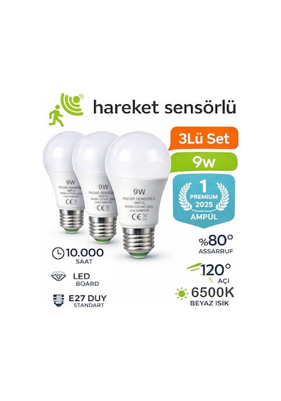 Hareket Sensörlü Led Lamba 3 Adet Let Ampül Beyaz Işık 9w %80 Tasarruflu Otomatik Yanıp Söner