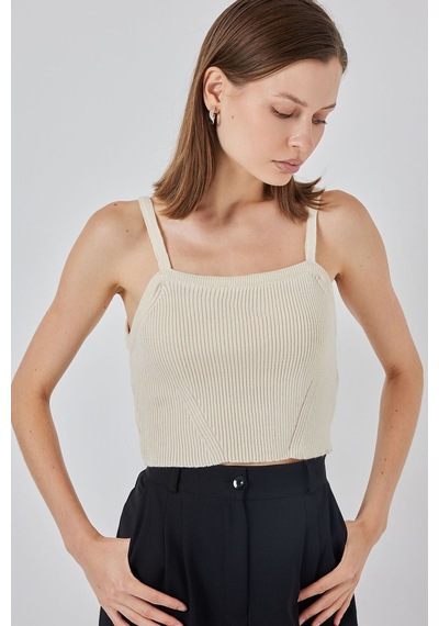 Hiccup Bdart Kare Yaka Ribana Örgü Crop Top Krem Doğal