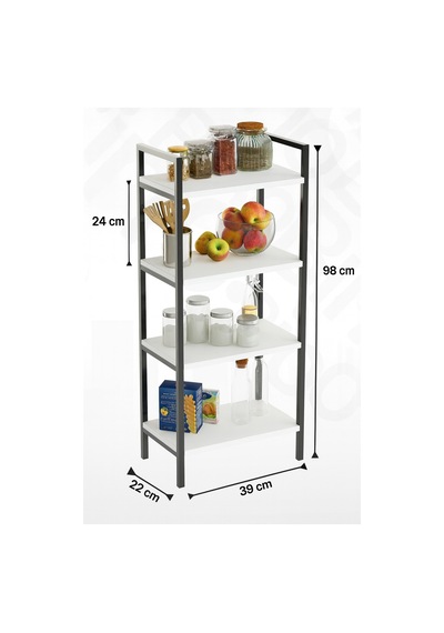 4 Katlı Metal Çerçeveli Ahşap Raf Mutfak & Banyo Düzenleyici Çok Amaçlı Organizer 98x39x22 Cm Beyaz