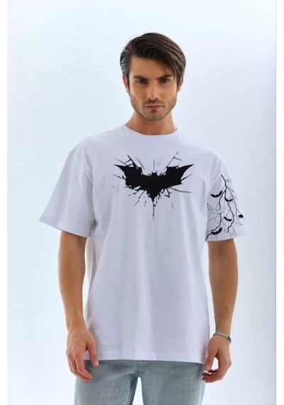 Yake Store Unisex Ön Ve Kol Baskılı Oversize T-shirt - Beyaz - Beyaz