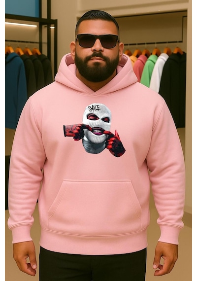 Benroma 3 İplik Penye Maske Baskılı Büyük Beden Sweatshırt Pembe