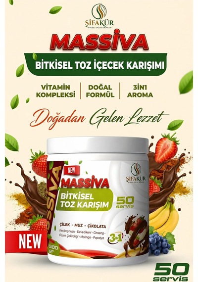 Ginsengli Toz İçecek Karışımı 300 g 50 Servis Çilek Muz Çikolata Aromalı (Massiva)