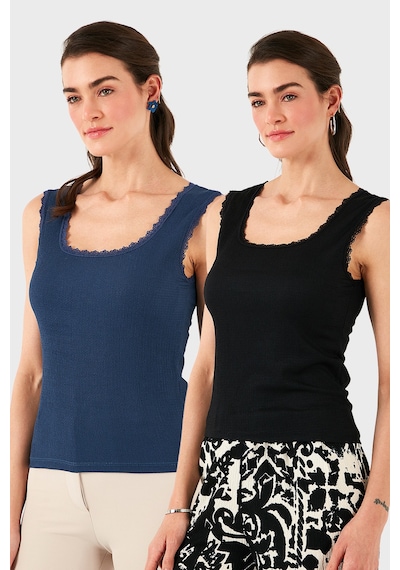Lela Slim Fit Kalın Dantelli Kare Yaka Bürümcük 2'Li Paket Bayan Atlet 5864979S2 Siyah-Indigo