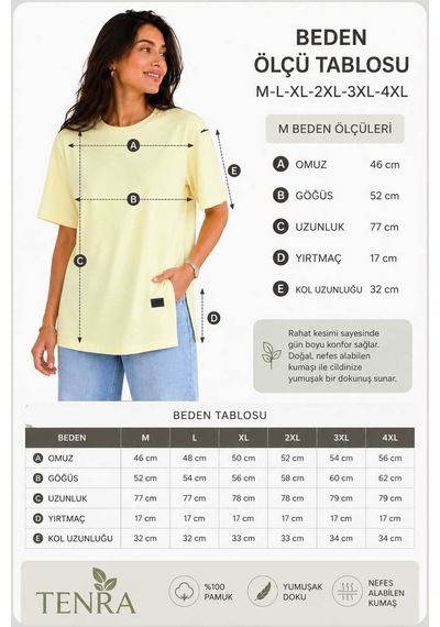 Tenra Kadın Basic Oversize Tişört Bisiklet Yaka Uzun Boy Yırtmaçlı Lazer Kesim %100 Pamuk Sarı Tenra Kadın Basic Oversize Tişört Bisiklet Yaka Uzun Boy Yırtmaçlı Lazer Kesim %100 Pamuk Sarı