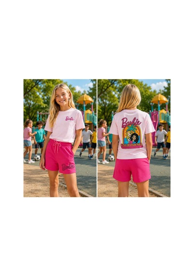 Kidsmadamiko Kız Çocuk Şortlu Takım California Desenli Pamuklu Pembe
