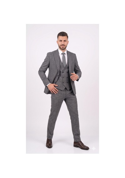 Modmen Erkek İtalyan Kesim Yelekli Takım Elbise Beyaz Desenli Gri