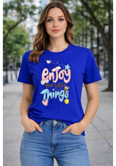 Herkesemoda Enjoy Things Yazı Detaylı Basic T-shirt Mavi
