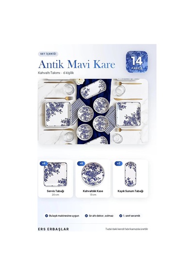 Antik Mavi 14 Parça 6 Kişilik Kare Kahvaltı Takımı, Lüx Kahvaltı Seti Diğer