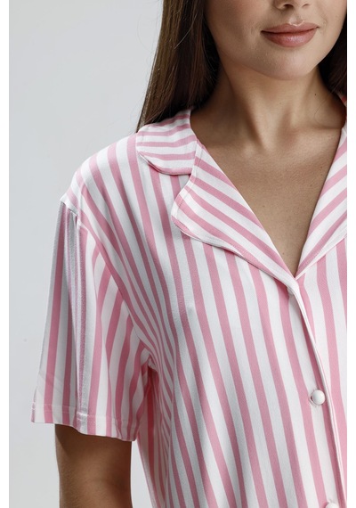 Kompedan Çizgili Önden Düğmeli Kadın Pijama Takımı -  Pembe
