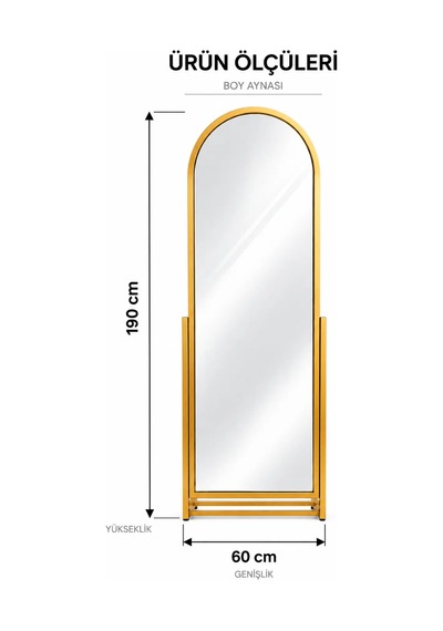 Boy Aynası Gold Metal Çerçeveli Ayarlanabilir Ayaklıdekoratif Ayna 60x190 Cm Altın