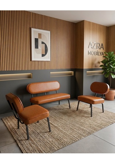 Luna 2+1+1 Deri Kumaş Ofis & Büro İş Yeri Bekleme Koltuğu Takımı Siyah Metal İskelet - Taba
