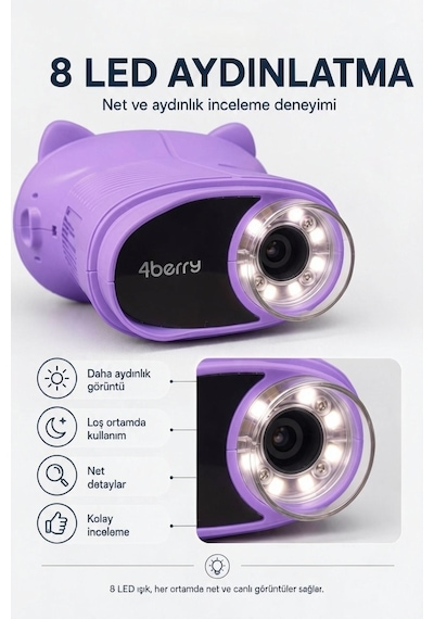 4berry Taşınabilir Fotoğraf Çekebilen Dijital Mikroskop 1000x 2.4 Ips Ekran, 2 Mp Kamera, 8 Led Işık, Type-c Şarjlı Mor
