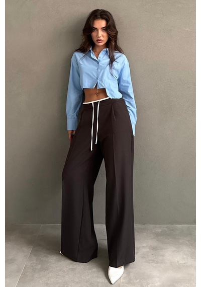 Madmext Acı Kahve Çift Bel Bantlı Wide Leg Kadın Pantolon Mg2551 Acı Kahverengi