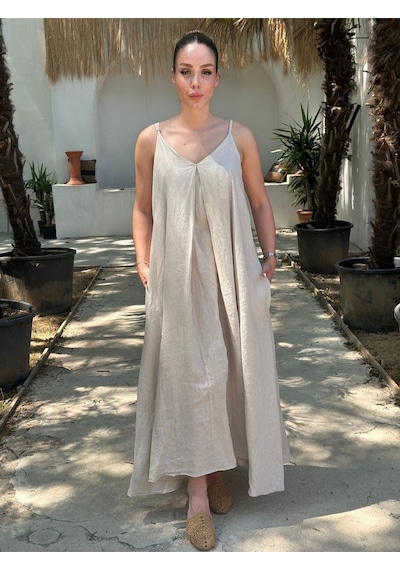 Yazlık Keten Askılı Oversize Elbise Bej