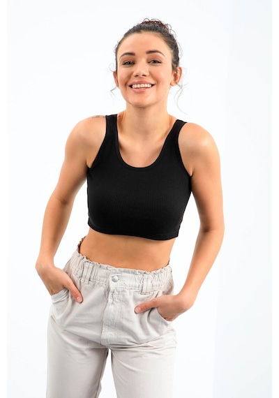 Tommy Life Siyah Basic Sıfır Kol Dar Kalıp U Yaka Kadın Crop Top Atlet - 97160 Siyah