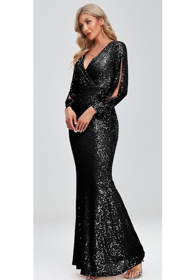 Hanife Glam Couture Hanife Glam Uzun Kollu Kruvaze Yaka Pullu Abiye Elbise Siyah