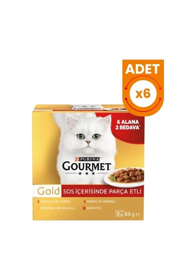 Gourmet Gold Sos İçinde Parça Etli Karışık Lezettler Yetişkin Konserve Kedi Maması 85 Gr 8 Al 6 Öde 6 Adet