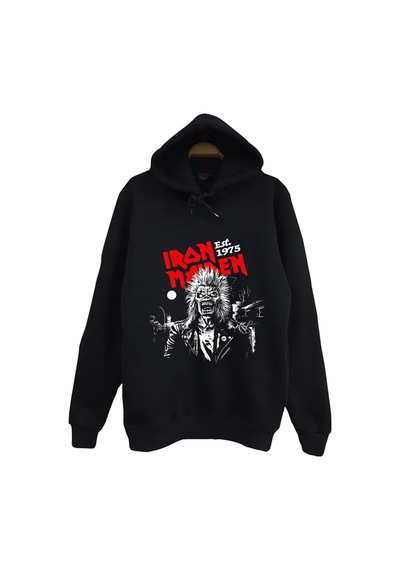 Iron Maiden - Metal - Müzik Grubu Baskılı Unisex %100 Pamuk Kapüşonlu Siyah Sweatshirt Siyah