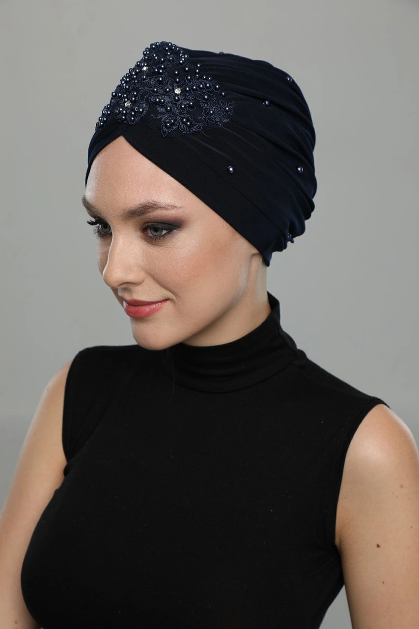 Elysianfidan Kopma Astarlı Işlemeli Lacivert Dantel Motifli Hazır Türban Tesettür Abiye Bone Lacivert Dantel
