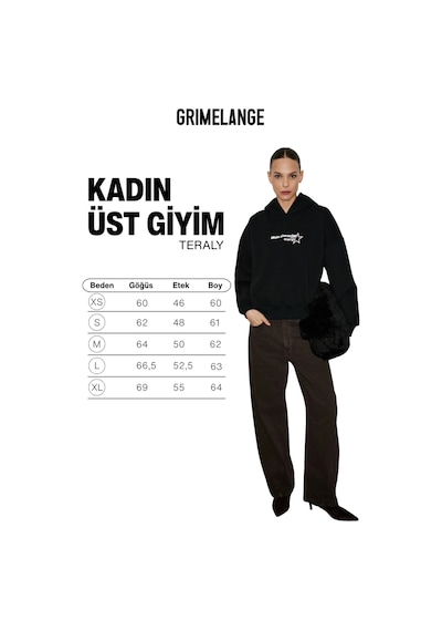 Grımelange Teraly Kadın Organik Pamuklu Polarlı Kumaşlı Baskı Detaylı Siyah Sweatshirt Siyah