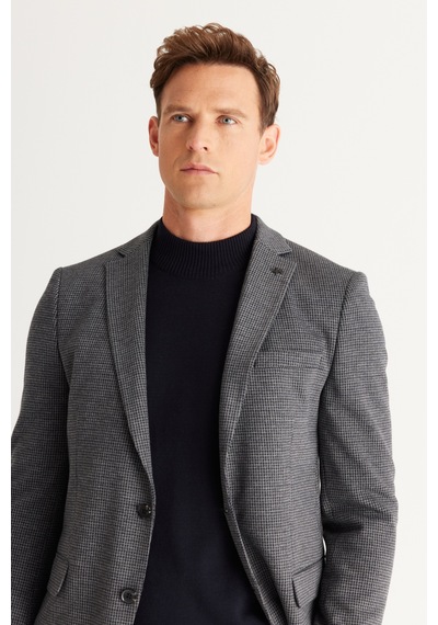 AC&Co / Altınyıldız Classics Erkek Lacivert-gri Slim Fit Dar Kesim Mono Yaka Desenli Takım Elbise Lacivert - Gri