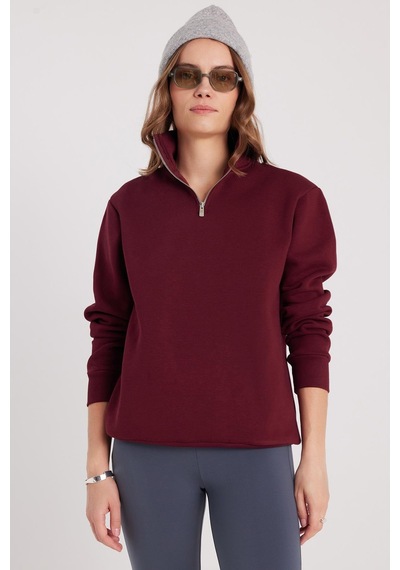 Tudors Kadın Relax Fit Rahat Kesim Pamuklu İçi Polarlı Yarım Fermuarlı Bordo Dik Yaka Sweatshirt-37889 Bordo