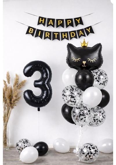 3 Yaş Kedi Temalı Doğum Günü Balon Seti Siyah Konsept Siyah