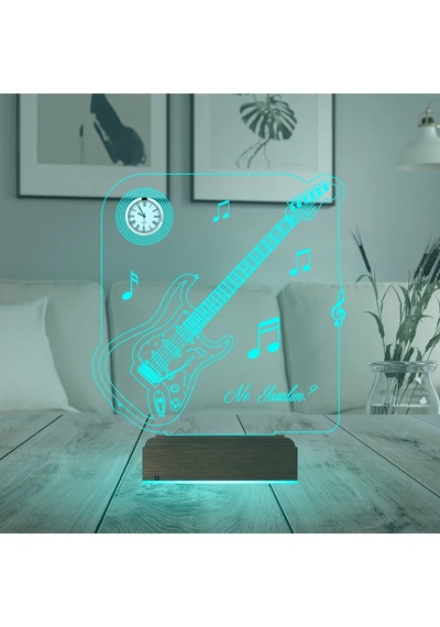 Luvivia Elektro Gitar Müzik Nota Müzisyen Kişiye Özel Metal Saatli 3d Lamba - Masa Gece Lambası Şeffaf