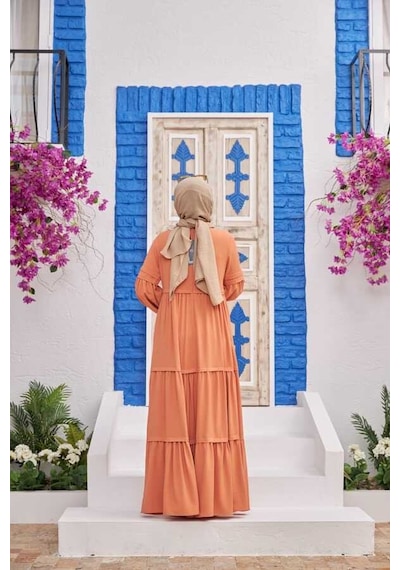 Neways 6510-linda Büzgülü Elbise Somon Somon