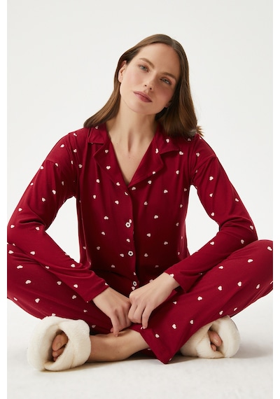 Ritnice Kadın Sweety Extra Soft Bordo Kalpli Pijama Takımı Bordo