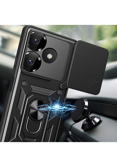 Xiaomi Redmi 13 4g Kılıf Sürgülü Kamera Koruyucu Manyetik Standlı Tank Koruma Ata Pro Tech Siyah