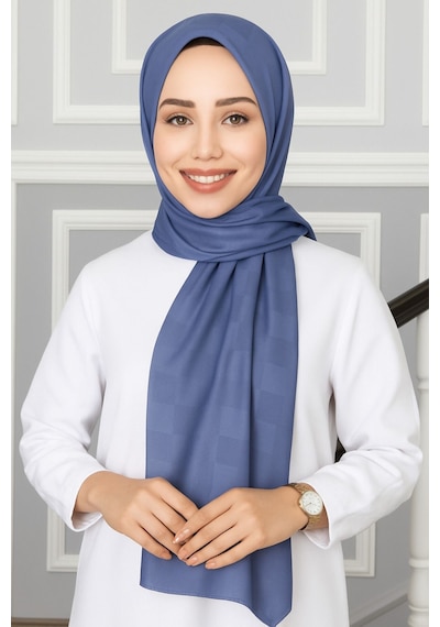 Mim Eşarp Emproyal Silver Jakar Dama Desenli Şal 75x190 Cm İndigo