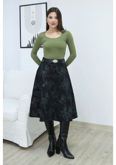 Lodmela Baskılı Ve Kemerli Kadife Etek 6069-siyah/çağla Siyah/çağla