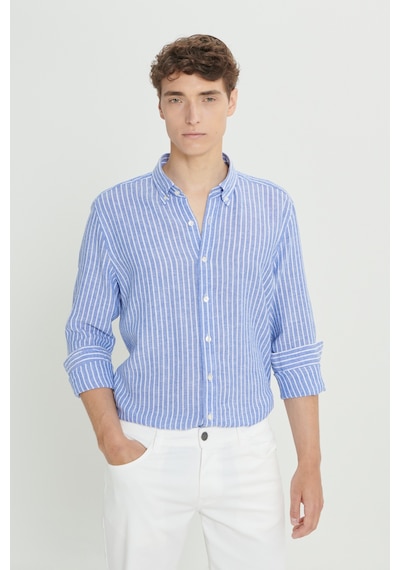 Ac&co Erkek Beyaz Lacı Slim Fit Dar Kesim Düğmeli Yaka Çizgili Gömlek