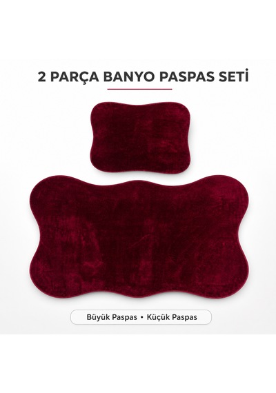 2 Li Banyo Paspası Halısı Seti Kaymaz Tabanlı Yıkanabilir Klozet Takımı Bordo