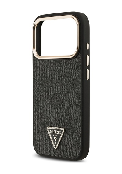 Apple Uyumlu iPhone 17 Pro Kılıf Guess Lisanslı M-safeli Gold Kamera Çerçeveli Taşlı Üçgen Logo 4g Desenli Siyah Siyah